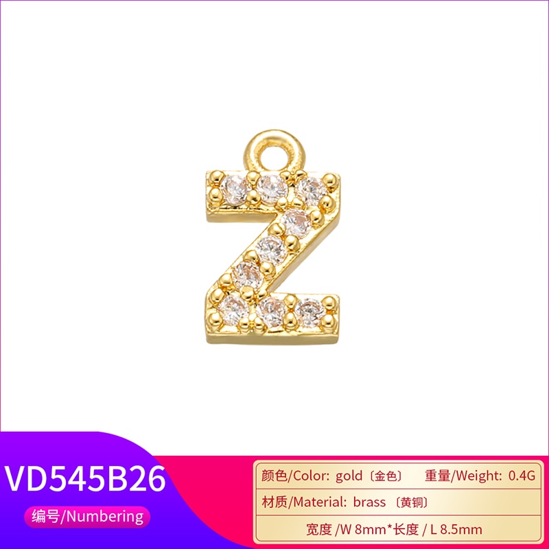 ZHUKOU 8x8,5 mm Messing Cubic Zirconia Crystal Vedhæng 26 bokstav