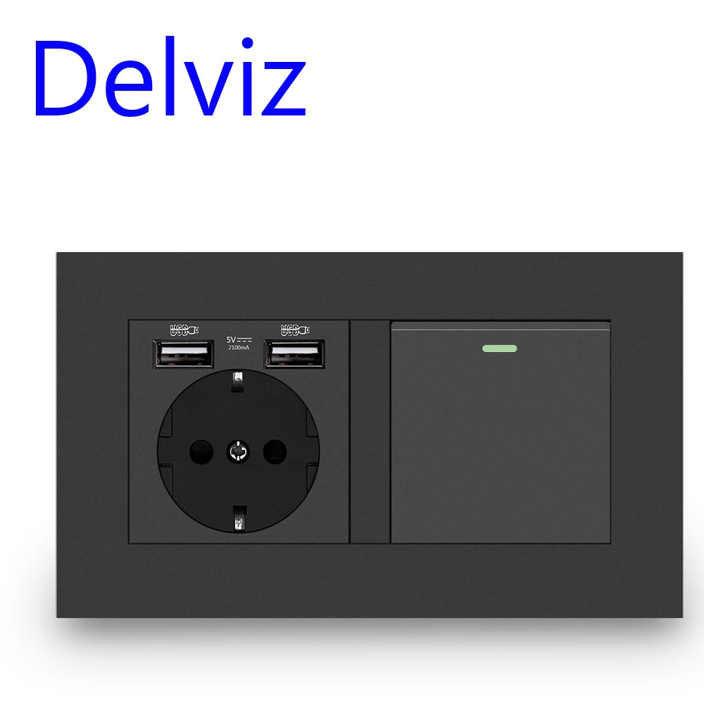 Delviz EU Standard lyskontakt, 16A strømudtag, 146 mm * 86 mm panel USB-stik