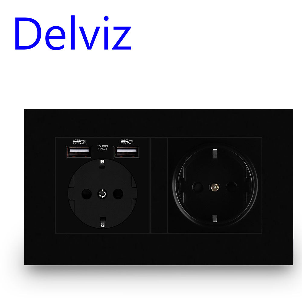 Delviz EU Standard USB-stik, Dobbelt udtag, 16A Kvalitets strømpanel AC 110~250V 146mm * 86mm,Dobbeltramme Væg USB Strømudtag