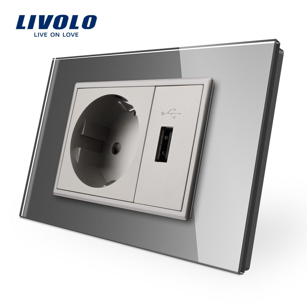 Livolo EU standard, glas panel, 119mm*78mm, AC 110~250V, 16A, Usb VL-C9C1EU1U-11