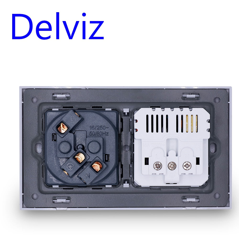 Delviz EU Standard USB-stik, Dobbelt udtag, 16A Kvalitets strømpanel AC 110~250V 146mm * 86mm,Dobbeltramme Væg USB Strømudtag