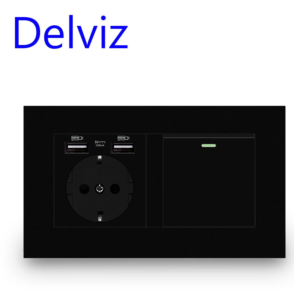 Delviz EU Standard lyskontakt, 16A strømudtag, 146 mm * 86 mm panel USB-stik