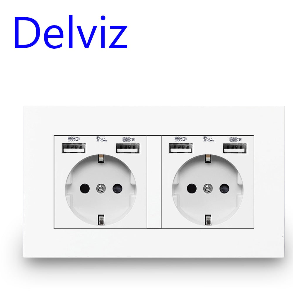 Delviz EU Standard USB-stik, Dobbelt udtag, 16A Kvalitets strømpanel AC 110~250V 146mm * 86mm,Dobbeltramme Væg USB Strømudtag