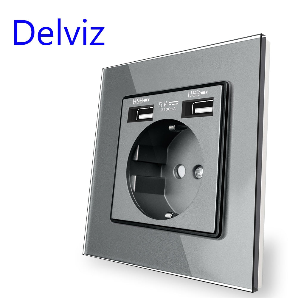 Delviz Wall USB Power Socket, AC 110V-250V 16A til væg, 86mm x 86mm, Dobbelt usb EU Standard