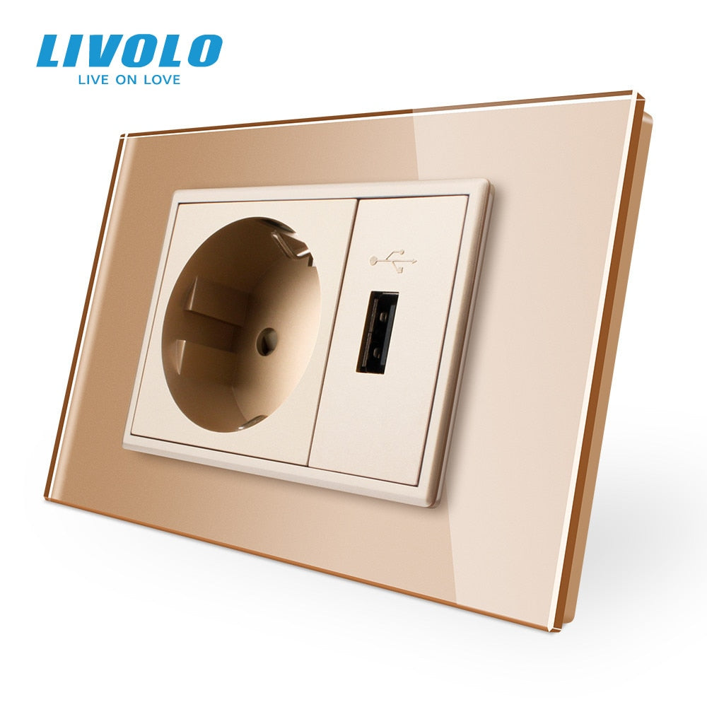 Livolo EU standard, glas panel, 119mm*78mm, AC 110~250V, 16A, Usb VL-C9C1EU1U-11