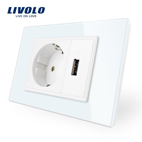 Livolo EU standard, glas panel, 119mm*78mm, AC 110~250V, 16A, Usb VL-C9C1EU1U-11