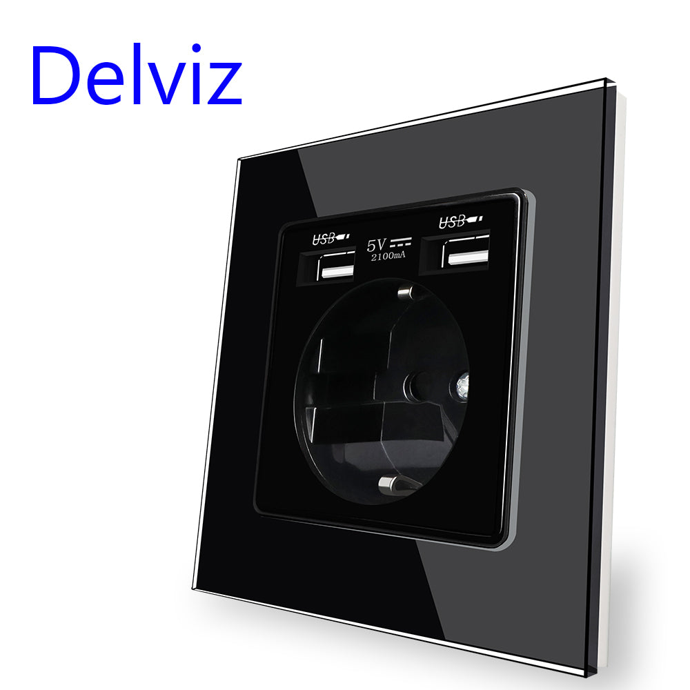 Delviz Wall USB Power Socket, AC 110V-250V 16A til væg, 86mm x 86mm, Dobbelt usb EU Standard