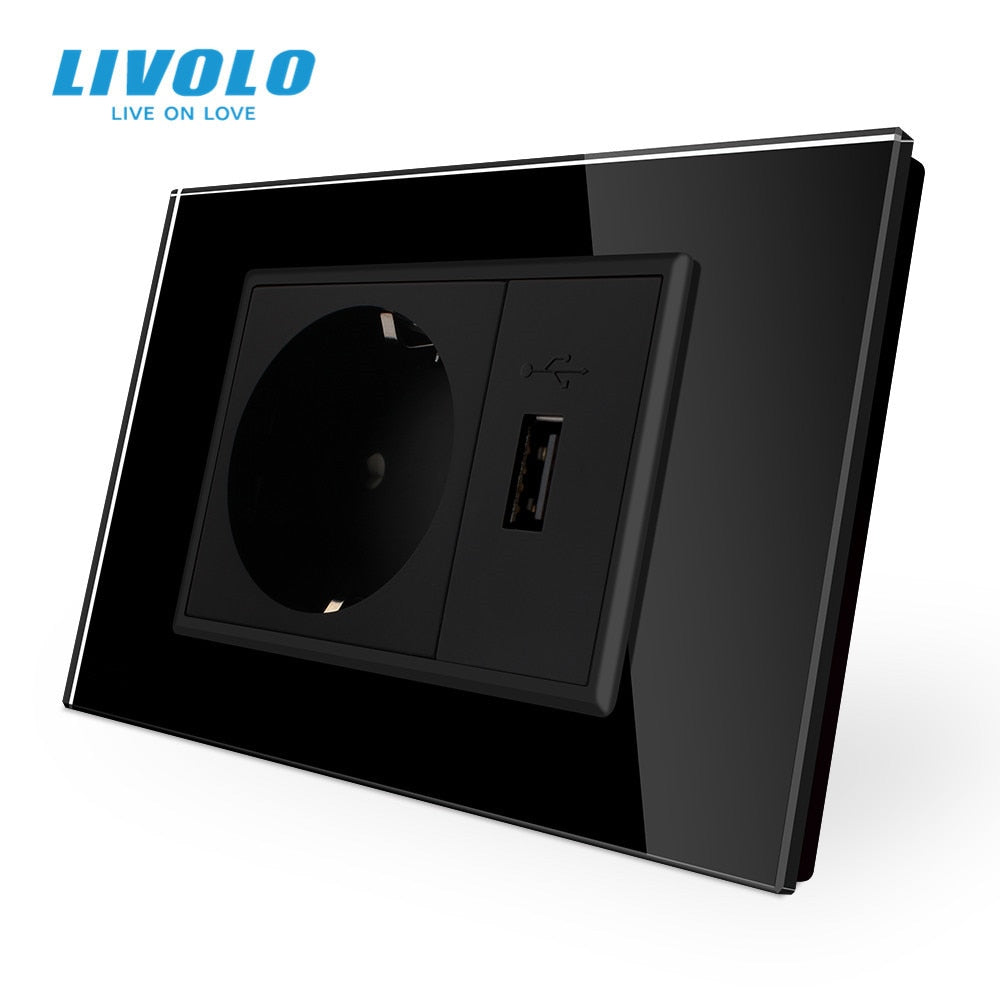 Livolo EU standard, glas panel, 119mm*78mm, AC 110~250V, 16A, Usb VL-C9C1EU1U-11