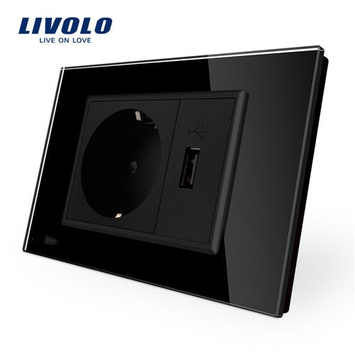 Livolo EU standard, glas panel, 119mm*78mm, AC 110~250V, 16A, Usb VL-C9C1EU1U-11