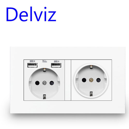 Delviz EU Standard USB-stik, Dobbelt udtag, 16A Kvalitets strømpanel AC 110~250V 146mm * 86mm,Dobbeltramme Væg USB Strømudtag