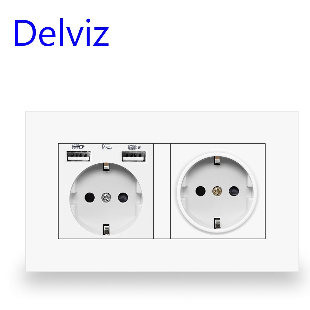 Delviz EU Standard USB-stik, Dobbelt udtag, 16A Kvalitets strømpanel AC 110~250V 146mm * 86mm,Dobbeltramme Væg USB Strømudtag
