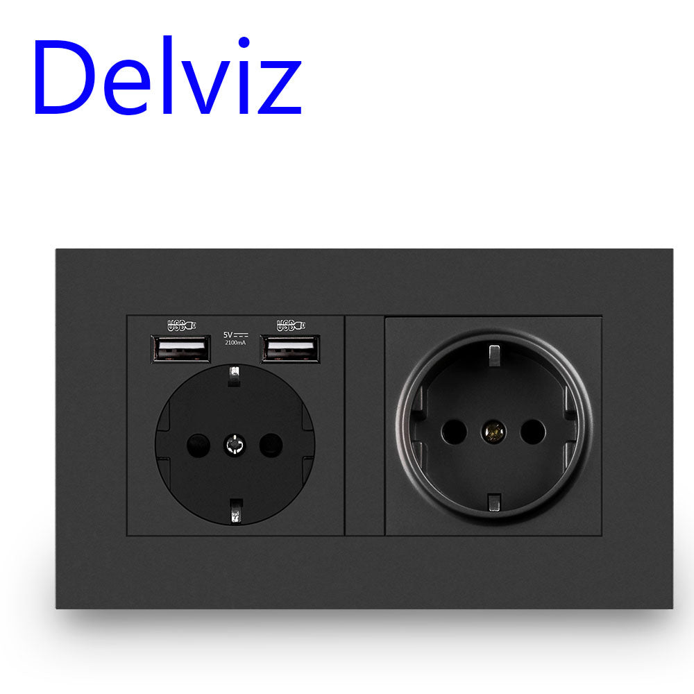 Delviz EU Standard USB-stik, Dobbelt udtag, 16A Kvalitets strømpanel AC 110~250V 146mm * 86mm,Dobbeltramme Væg USB Strømudtag