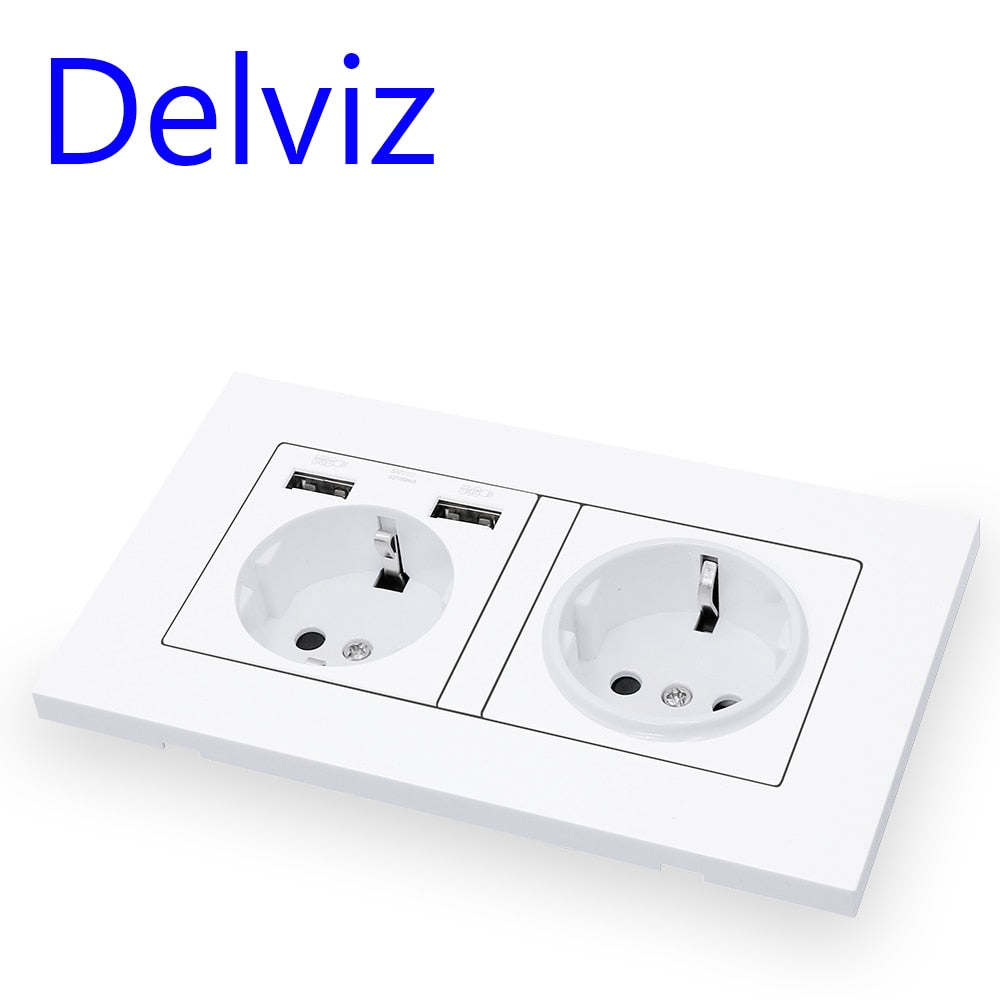 Delviz EU Standard USB-stik, Dobbelt udtag, 16A Kvalitets strømpanel AC 110~250V 146mm * 86mm,Dobbeltramme Væg USB Strømudtag