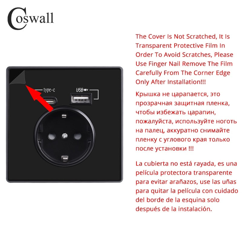 Coswall Type-C Interface Sort væg EU-standardstik med USB-opladningsport
