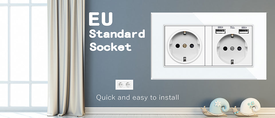 Delviz EU Standard USB-stik, Dobbelt udtag, 16A Kvalitets strømpanel AC 110~250V 146mm * 86mm,Dobbeltramme Væg USB Strømudtag