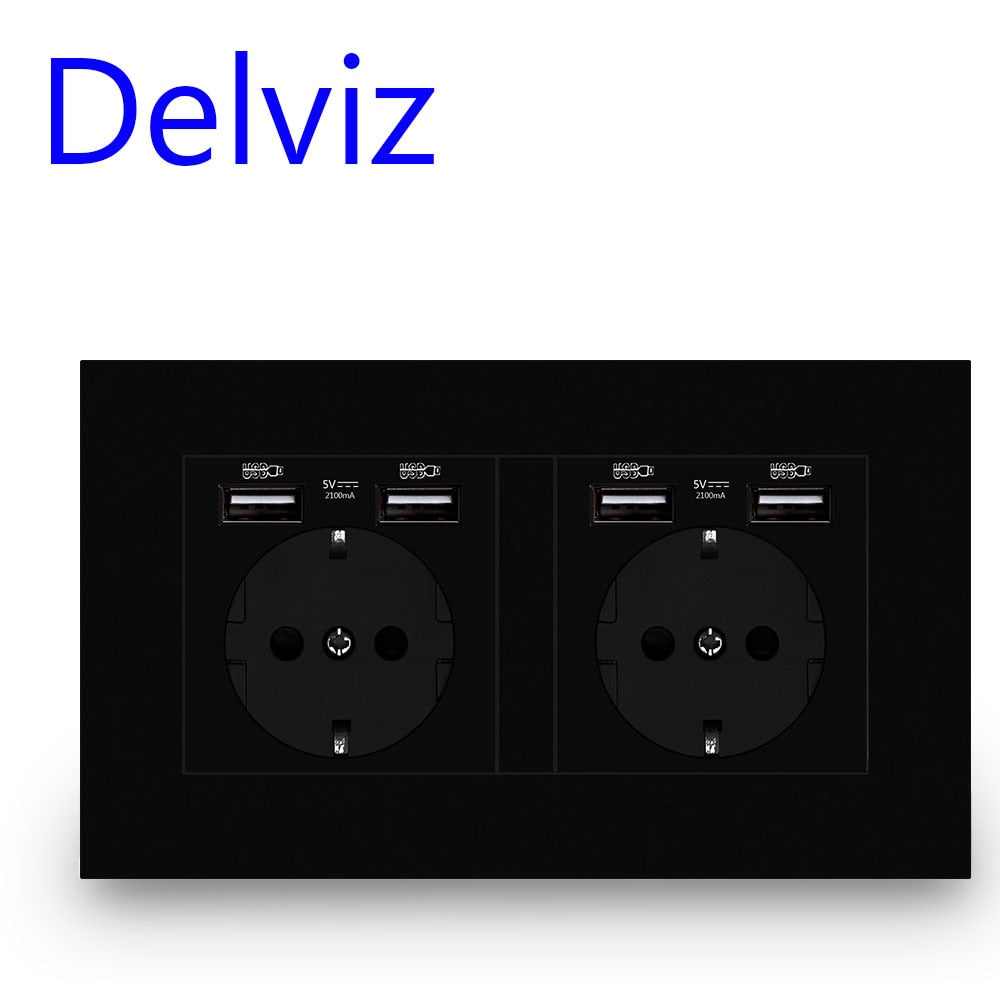 Delviz EU Standard USB-stik, Dobbelt udtag, 16A Kvalitets strømpanel AC 110~250V 146mm * 86mm,Dobbeltramme Væg USB Strømudtag