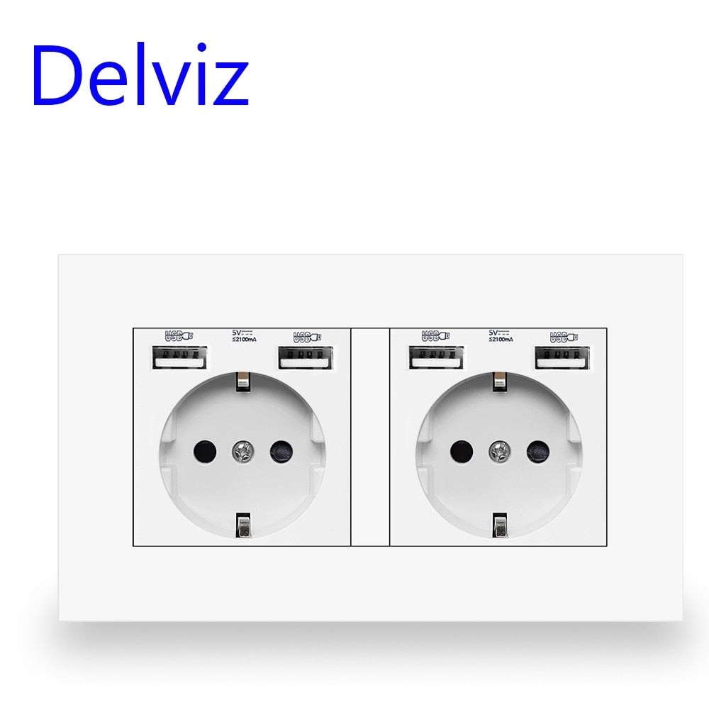 Delviz EU Standard USB-stik, Dobbelt udtag, 16A Kvalitets strømpanel AC 110~250V 146mm * 86mm,Dobbeltramme Væg USB Strømudtag