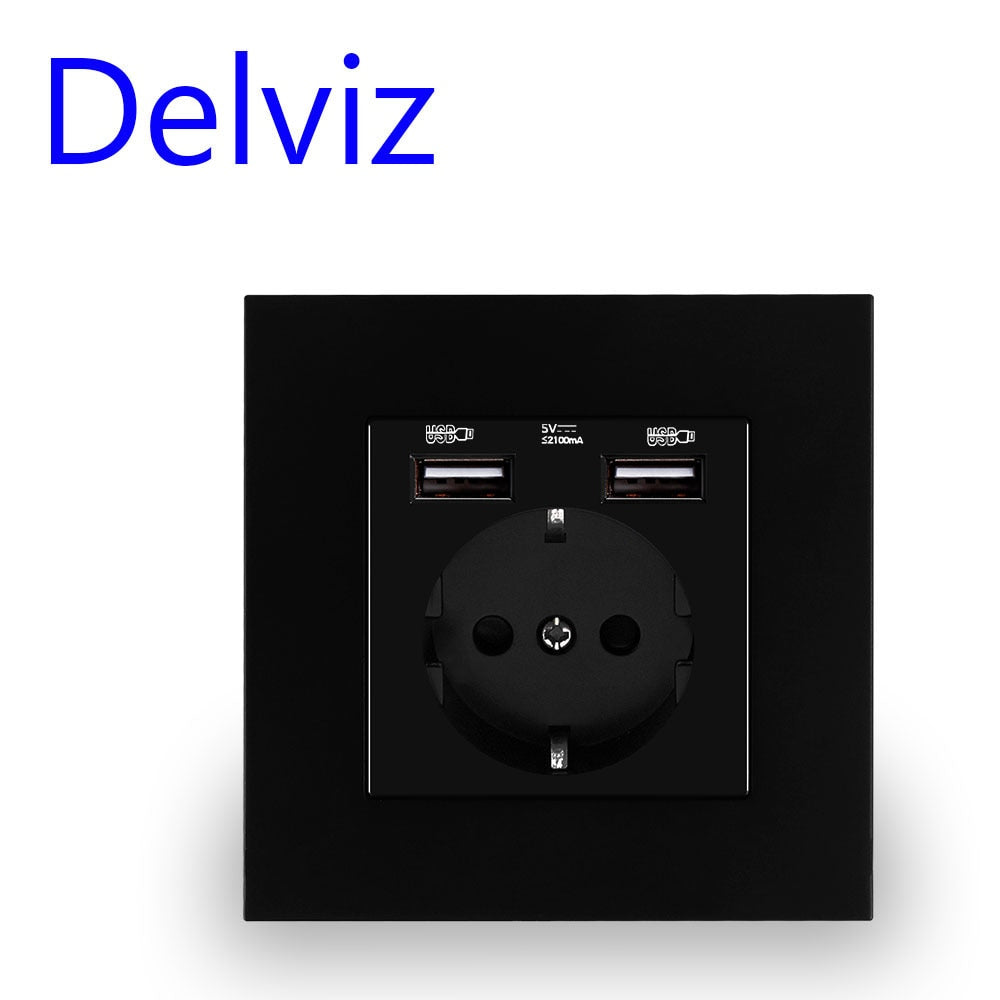 Delviz Wall USB Power Socket, AC 110V-250V 16A til væg, 86mm x 86mm, Dobbelt usb EU Standard