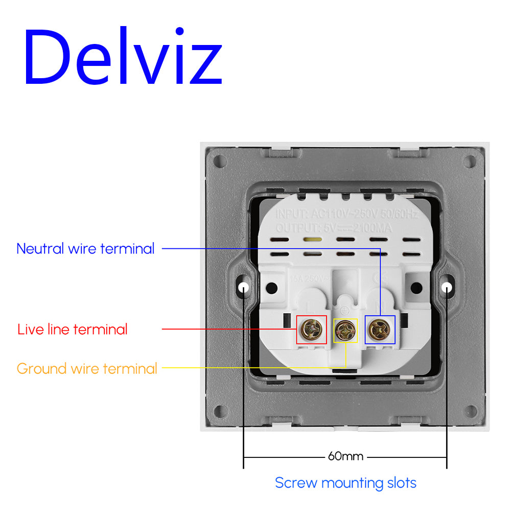 Delviz Wall USB Power Socket, AC 110V-250V 16A til væg, 86mm x 86mm, Dobbelt usb EU Standard