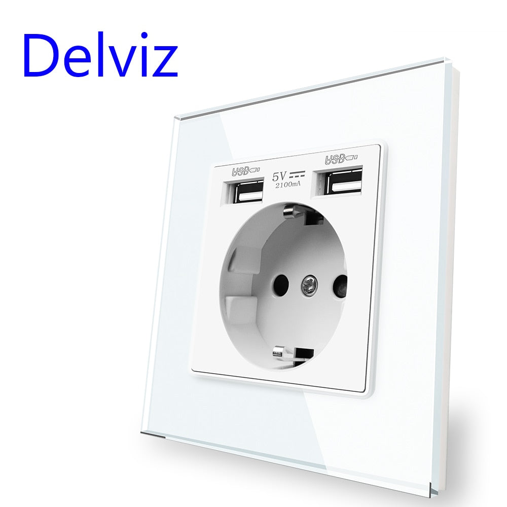 Delviz Wall USB Power Socket, AC 110V-250V 16A til væg, 86mm x 86mm, Dobbelt usb EU Standard