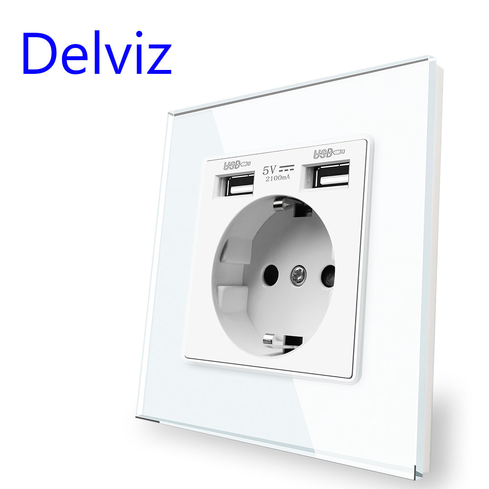 Delviz Wall USB Power Socket, AC 110V-250V 16A til væg, 86mm x 86mm, Dobbelt usb EU Standard