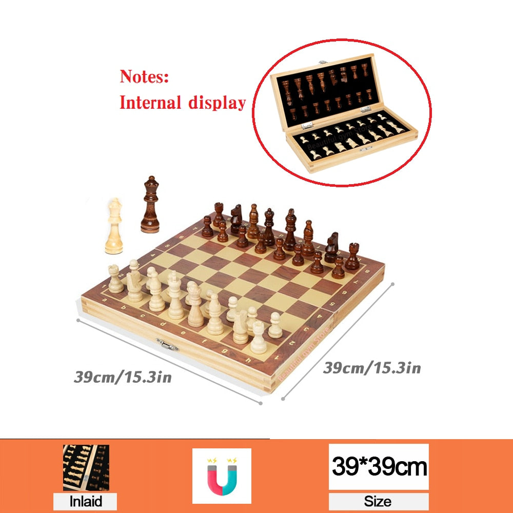 Stort Skak og Dam bræt i træ 39cm*39cm Family Game Chess Board