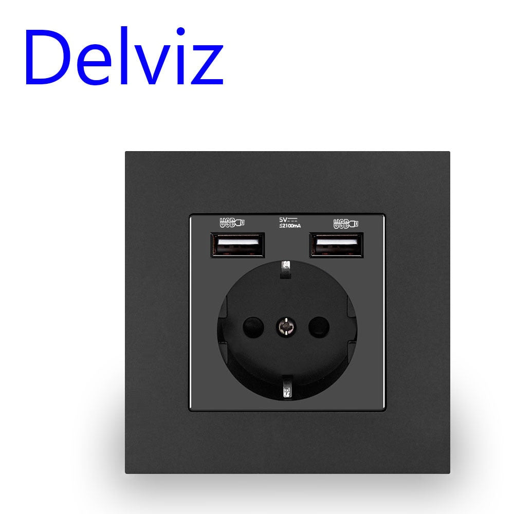 Delviz Wall USB Power Socket, AC 110V-250V 16A til væg, 86mm x 86mm, Dobbelt usb EU Standard