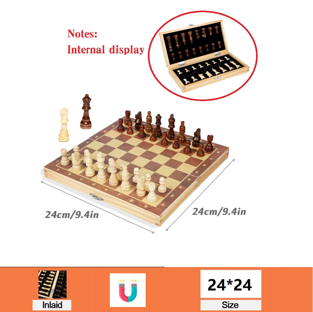 Stort Skak og Dam bræt i træ 39cm*39cm Family Game Chess Board