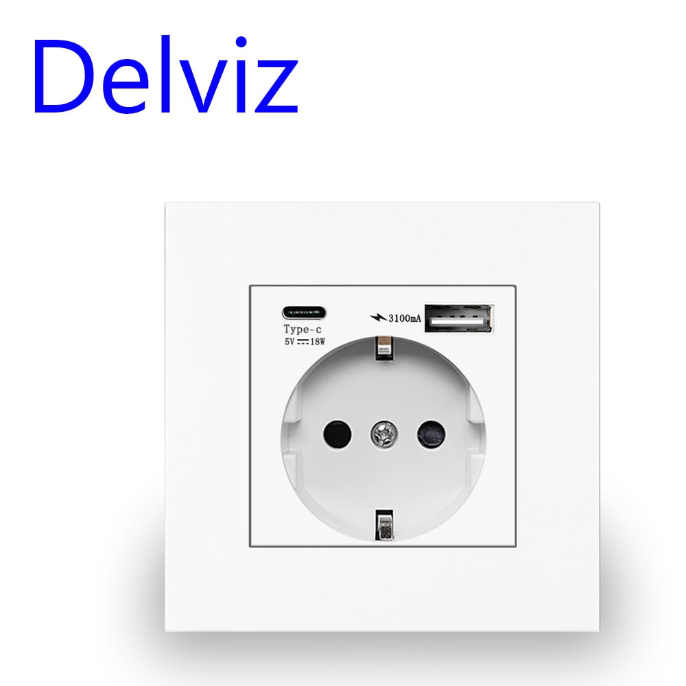 Delviz Wall USB Power Socket, AC 110V-250V 16A til væg, 86mm x 86mm, Dobbelt usb EU Standard