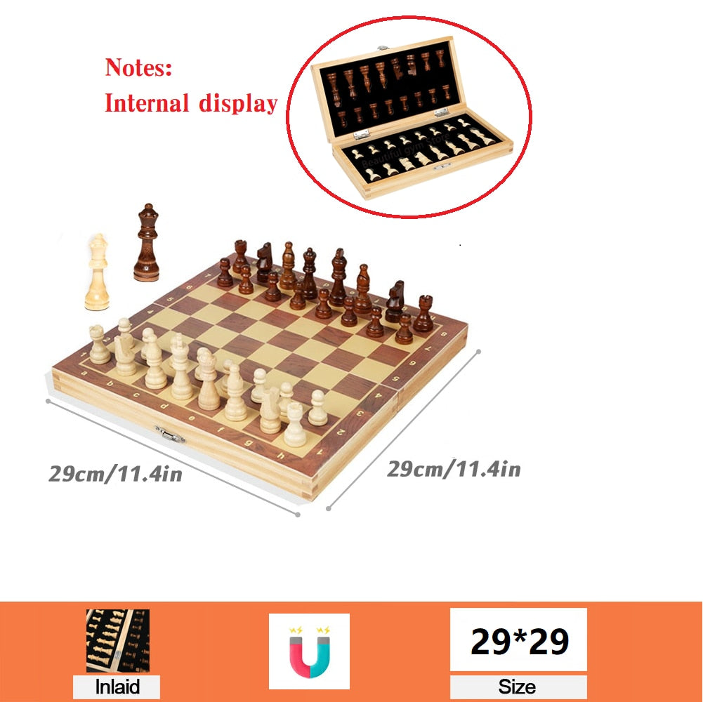 Stort Skak og Dam bræt i træ 39cm*39cm Family Game Chess Board